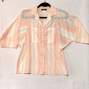Vintage 80s Caliche Button Up Shirt Pastel Striped Dolman Sleeves